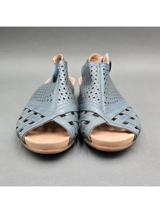 Earth Pisa Galli Blue Leather Wedge Sandals Size 7 Perforated Slingback - Picture 2 of 10